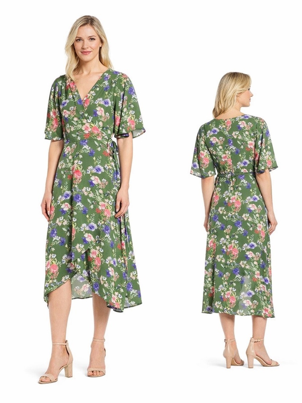 BOBEU orna wrap green floral dress feminine summer chic style size L